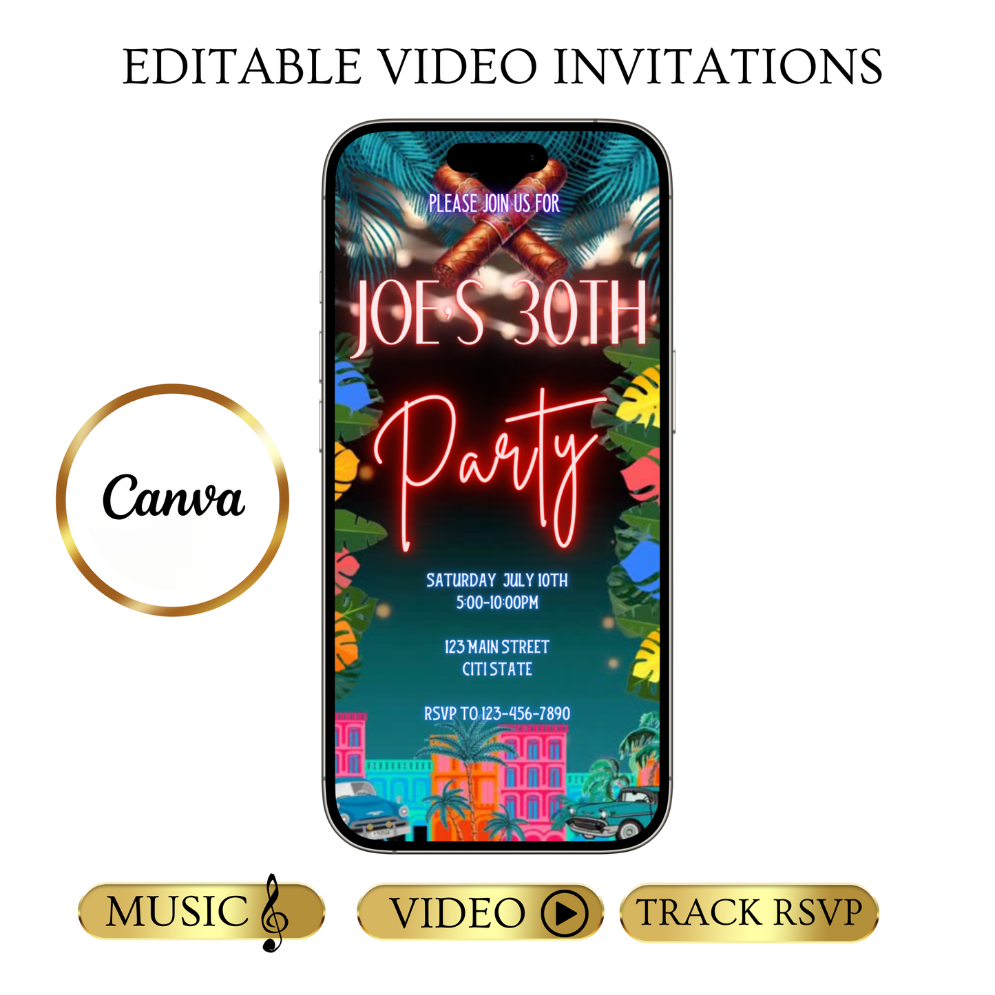 Havana Video Invitation | Animated Cuban Party Digital Evite | Editable Canva Invite Template