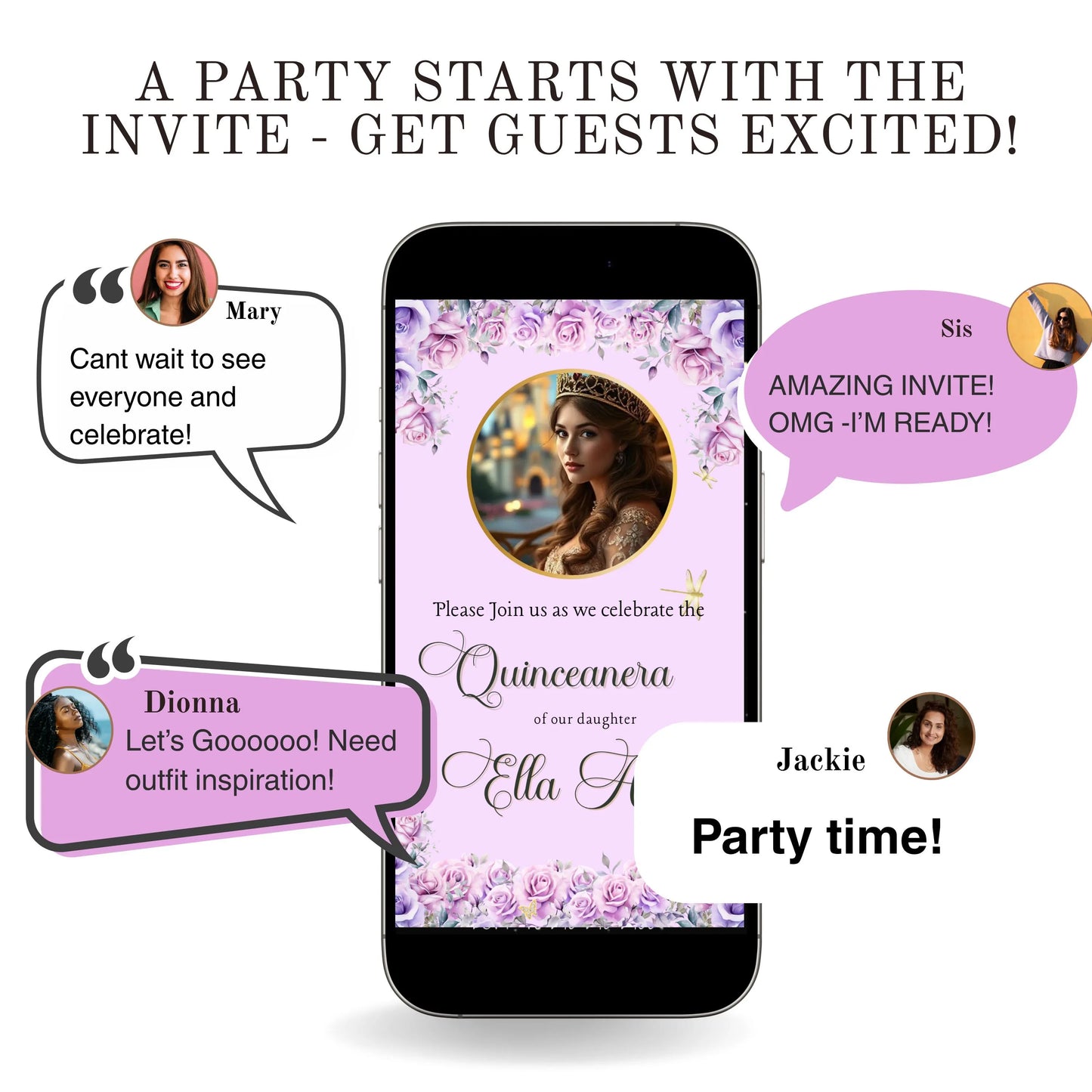 Lilac and Pink Quinceañera Video Invitation Canva Template with envelope opening