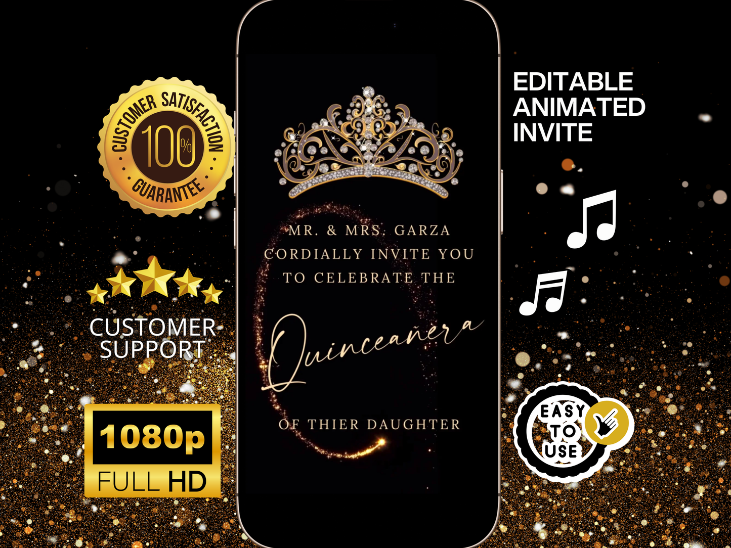 Black and Gold Quinceanera Video Invite | Animated Sweet 15 16 Quince Evite | Editable Canva Evite Template