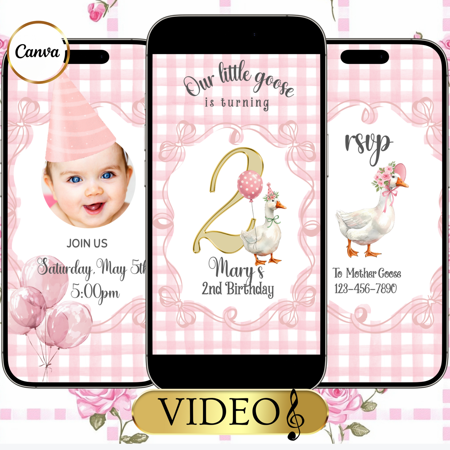 Videoeinladung zur Pink Silly Goose Party | Digitale Einladung zum 1. Geburtstag für Mädchen | Bearbeitbare Canva-Vorlage