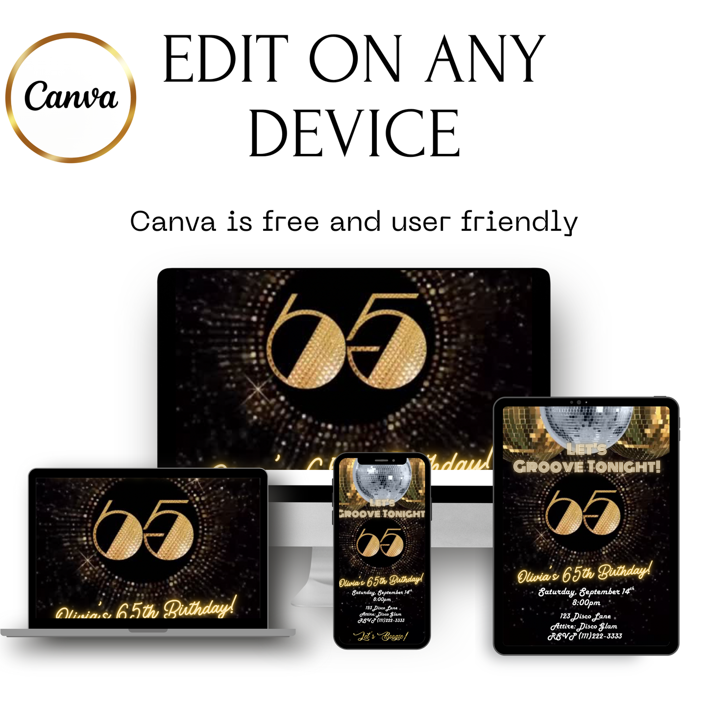 Studio 54 Video Invitation | Animated 65th Birthday Digital Evite | Editable Canva Invite Template