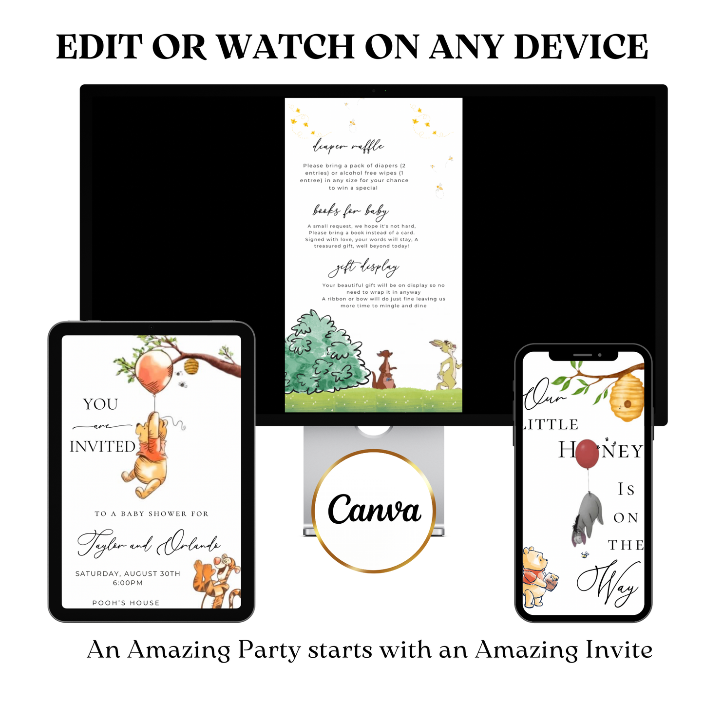 Klassische Winnie-Puuh-Babyparty-Videoeinladung | Geschlechtsneutrales Design | Digitale Babyparty-Einladung | Online-Vorlage zum Bearbeiten