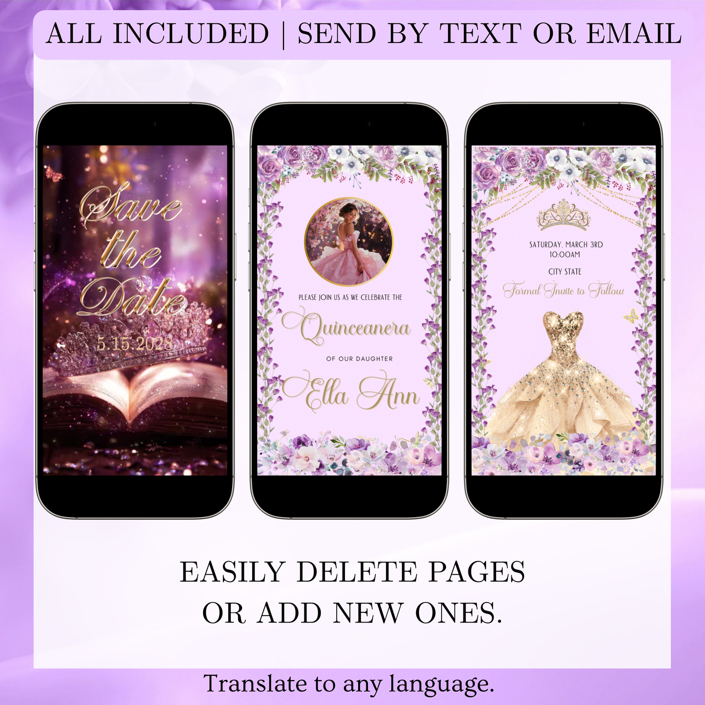 Lilac Quinceañera Video Invitation | Digital Princess Sweet 15 16 Animated Invite | Editable Canva Template