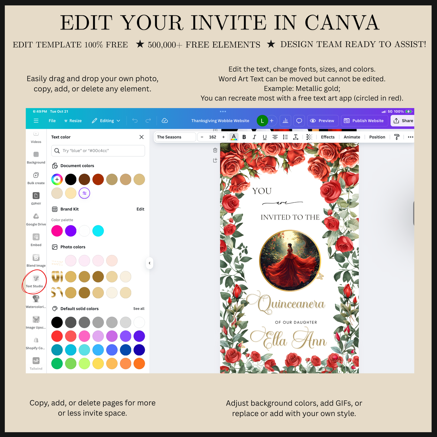Videoeinladung zur Quinceañera mit roten Rosen | Digitale Einladung zur Quinceañera | Bearbeitbare Canva-Vorlage