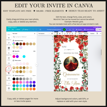 Videoeinladung zur Quinceañera mit roten Rosen | Digitale Einladung zur Quinceañera | Bearbeitbare Canva-Vorlage