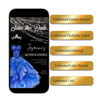Royal Blue Quinceañera Video Invite | Sweet 15 16 Quince RSVP Tracker | Editable Save the Date Canva Evite Template