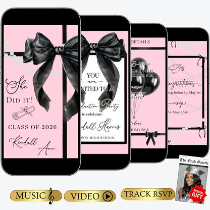 Graduation Party Video Invitation | Pink and Black Bow Graduation Invite for Her | Editable Online RSVP Evite Canva Template