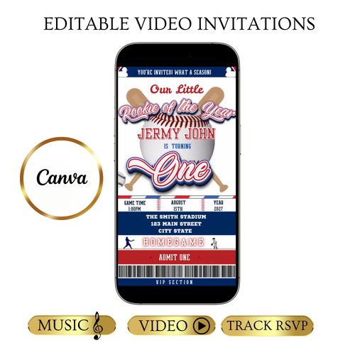 Videoeinladung zum Rookie des Jahres | Animierte digitale Baseball-Einladung | Bearbeitbare Canva-Einladungsvorlage