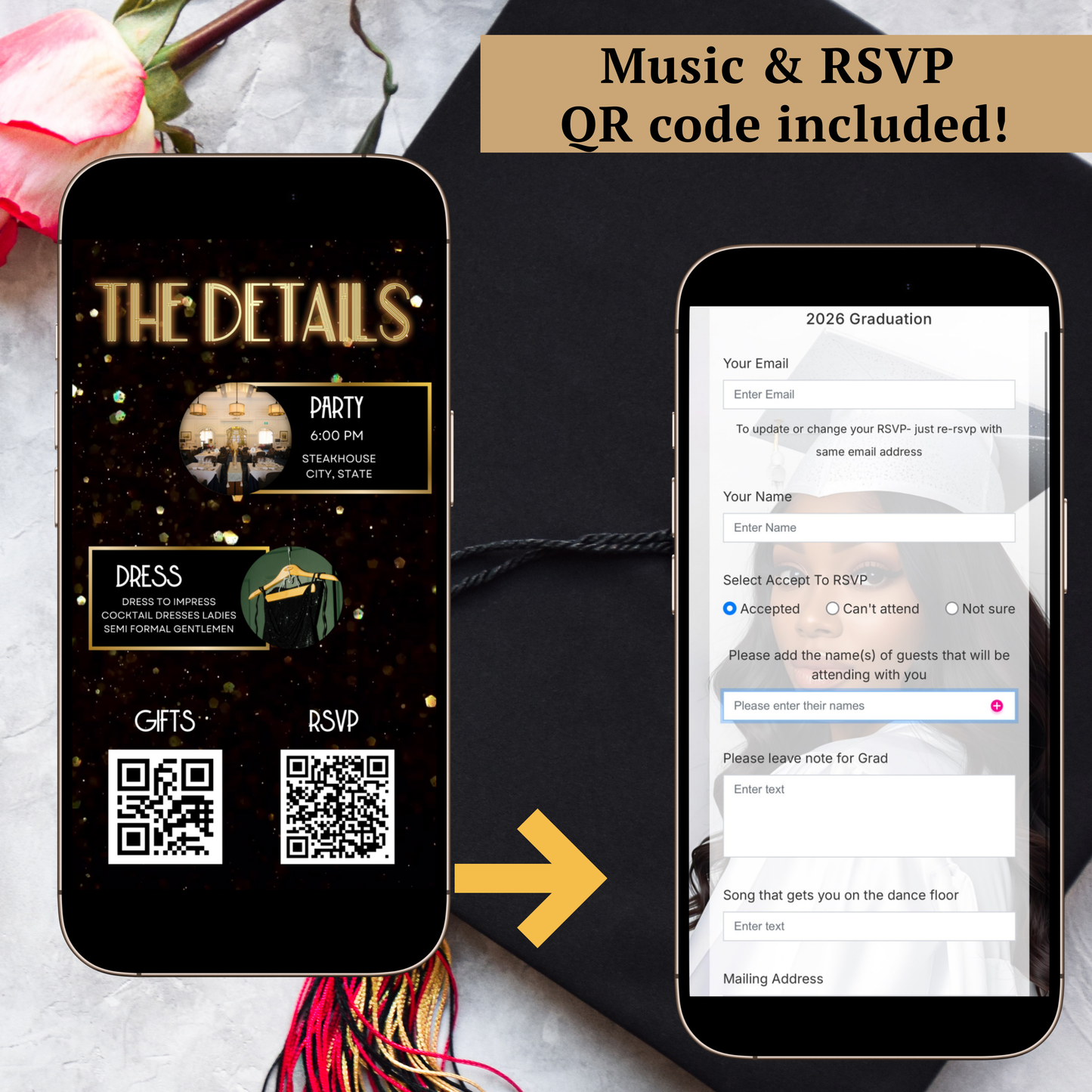 Black and Gold Graduation Party Video Invitation | Digital Glam Graduation Invite | Editable Online RSVP Evite Canva Template
