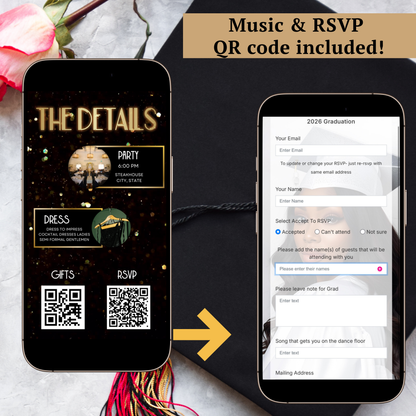 Black and Gold Graduation Party Video Invitation | Digital Glam Graduation Invite | Editable Online RSVP Evite Canva Template