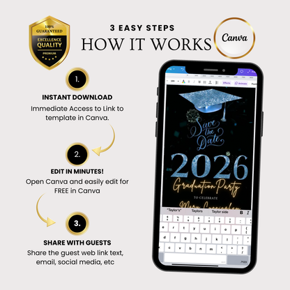 Blue Graduation Party Video Invitation | Class of 2026 Photo Invite | Editable Online RSVP Evite Canva Template