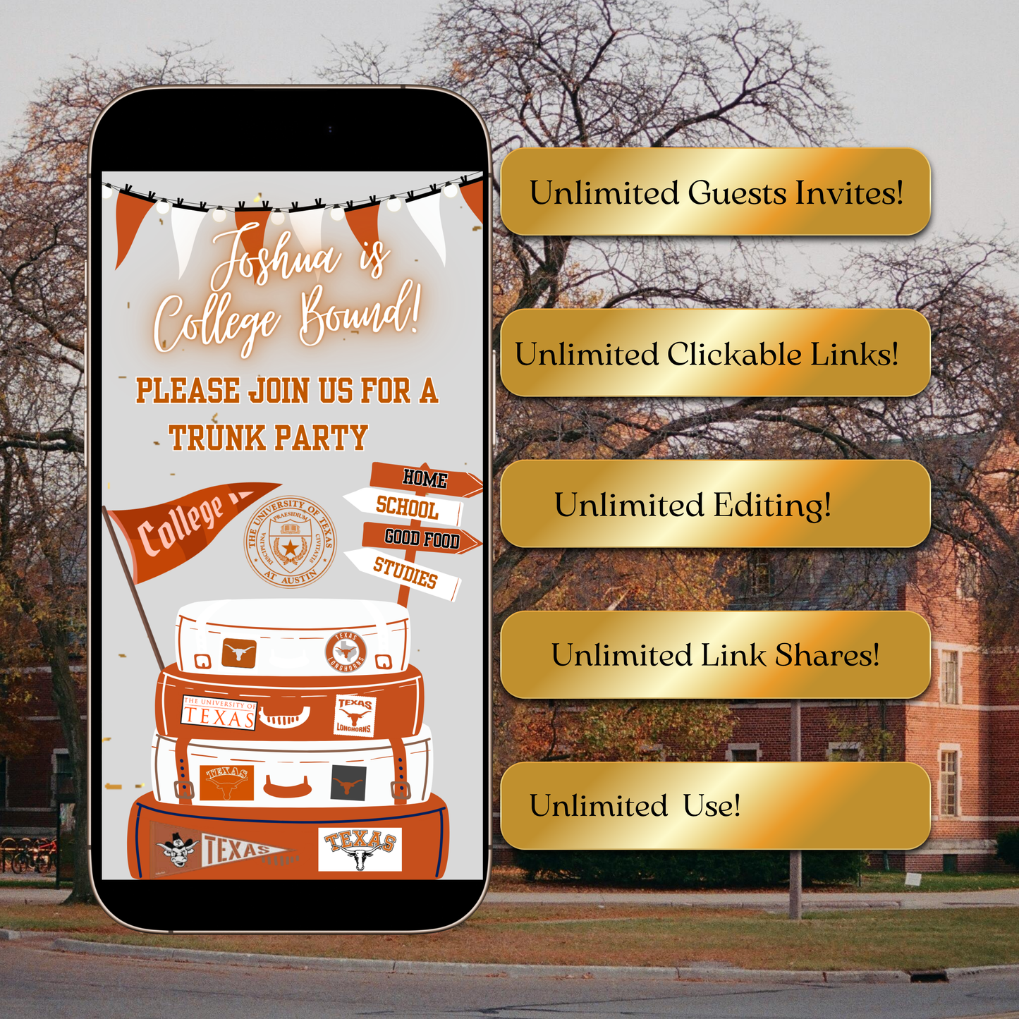 UT College Sendoff Video Invitation | Editable Trunk Party Invite | Editable Canva Template