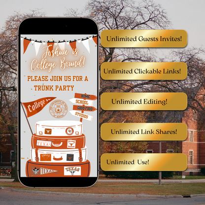 UT College Sendoff Video Invitation | Editable Trunk Party Invite | Editable Canva Template