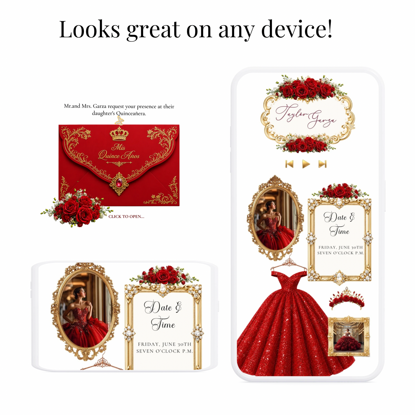 Red and Gold Quinceanera Website Invitation with RSVP tracking