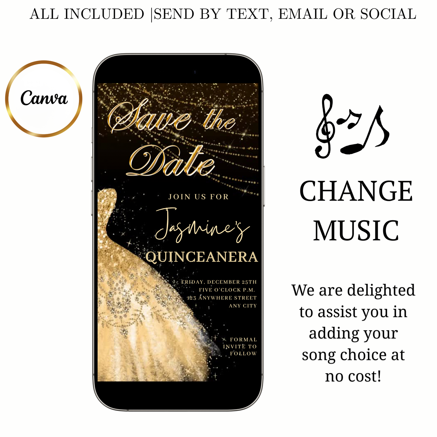 Gold Quinceanera Video Invite | Sweet 15 16 Quince RSVP Tracker | Editable Canva Evite Template