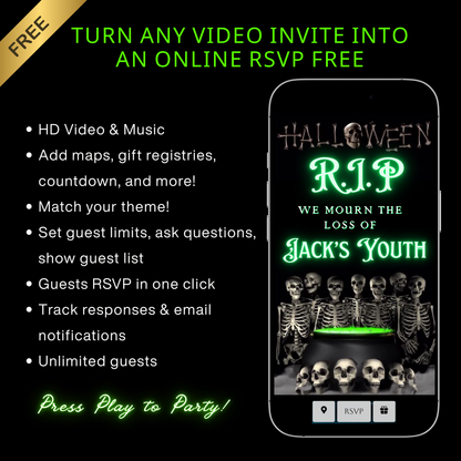 RIP Halloween-Videoeinladung, Tod meinen 20ern, 30ern und 40ern – animierte Einladung, bearbeitbare mobile Halloween-Party-Einladung