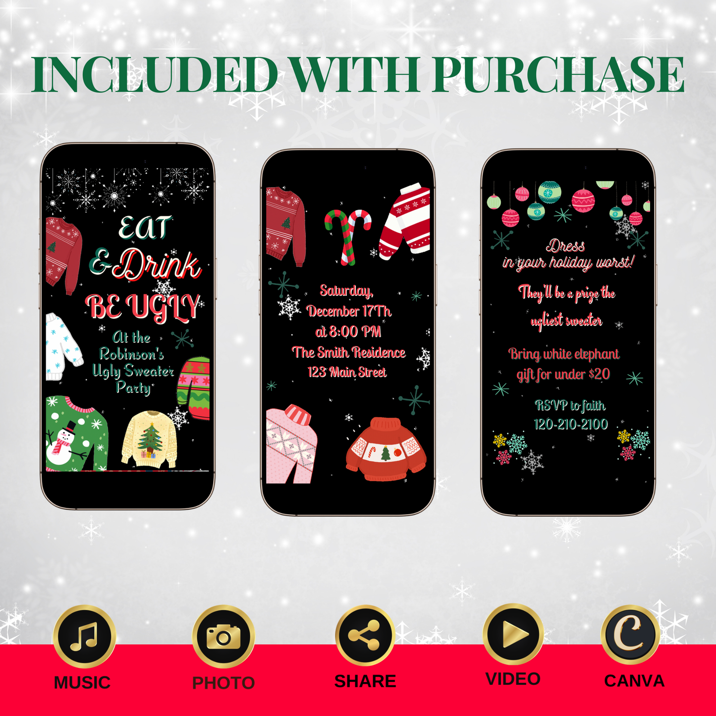 Ugly Sweater Party Video Invitation | Christmas Party Digital Invite | Editable Canva Evite Template