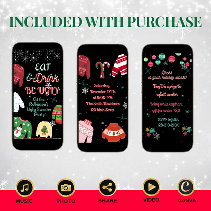 Ugly Sweater Party Video Invitation | Christmas Party Digital Invite | Editable Canva Evite Template