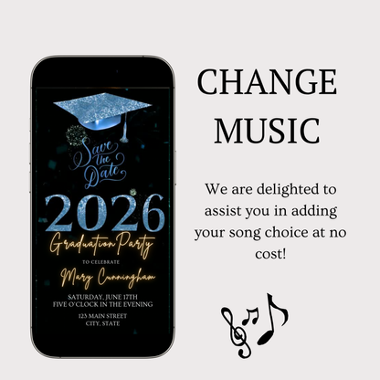 Blue Graduation Party Video Invitation | Class of 2026 Photo Invite | Editable Online RSVP Evite Canva Template