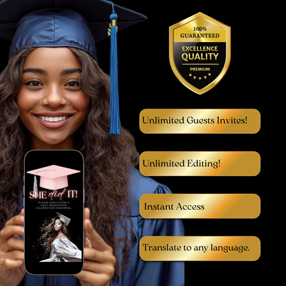 Graduation Party Video Invitation | Digital Graduation Invite for Her | Editable Online RSVP Evite Canva Template