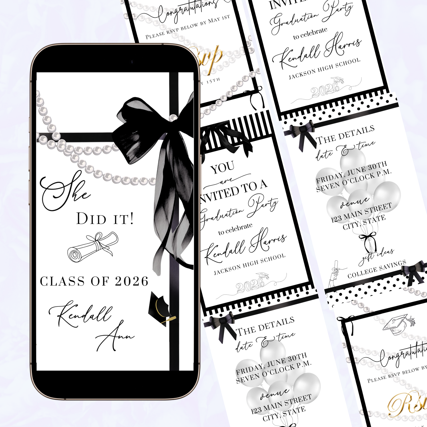 Graduation Party Video Invitation | White and Black Bow Graduation Invite for Her | Editable Online RSVP Evite Canva Template