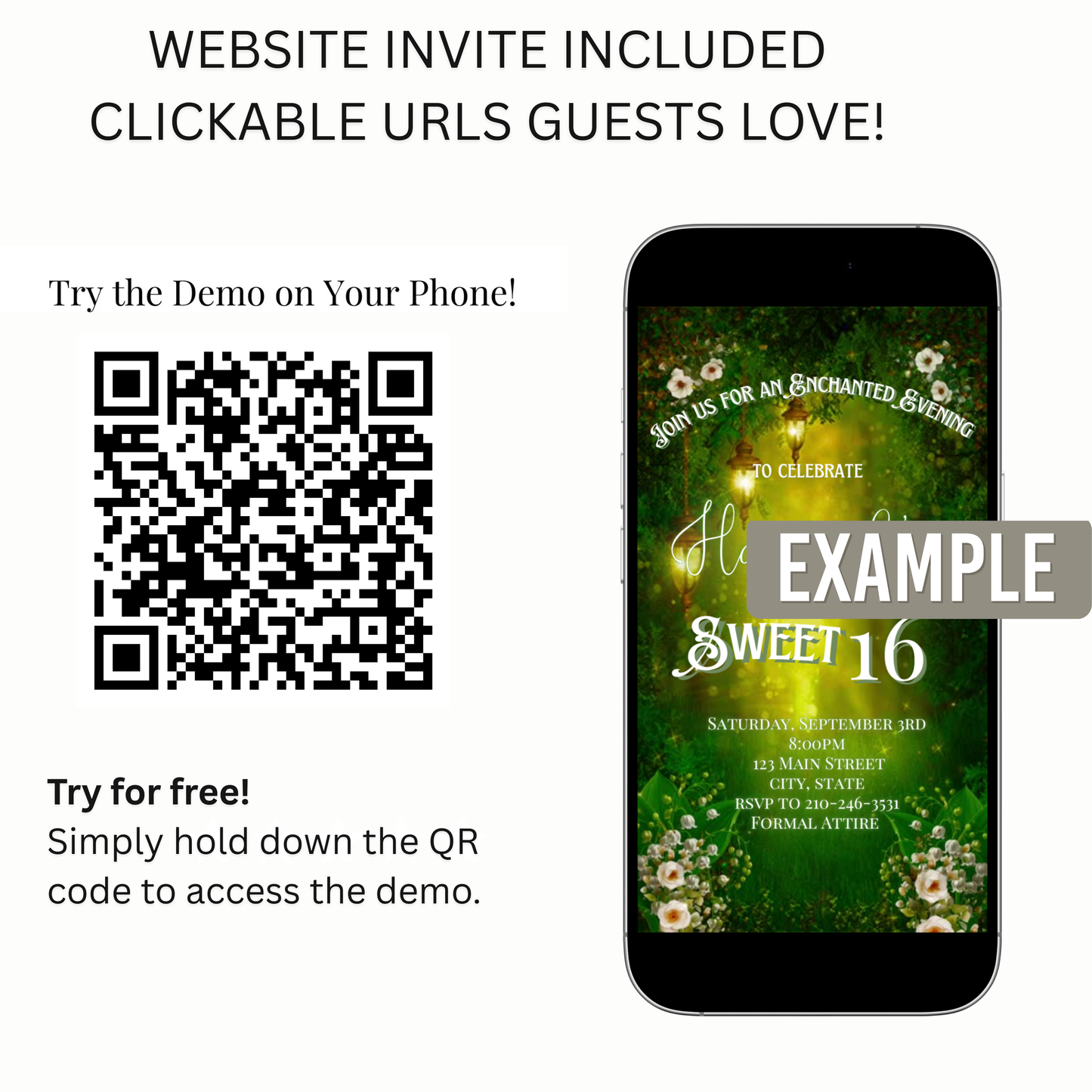 Enchanted Forest Video Invite | Animated Sweet 15 16 Save the Date Evite | Editable Canva Evite Template