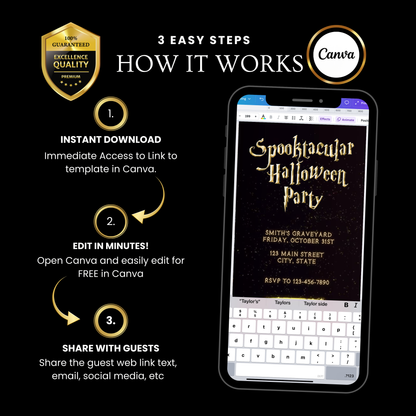 Halloween-Videoeinladung, animierte Einladung mit goldenem Kessel, bearbeitbare mobile Einladung zur Halloween-Party
