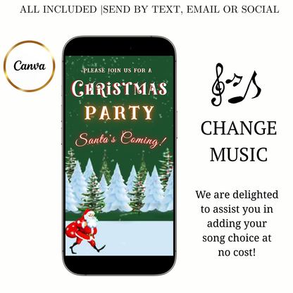 Christmas Party Video Invitation | Animated Santa Digital Evite | Editable Canva Invite Template
