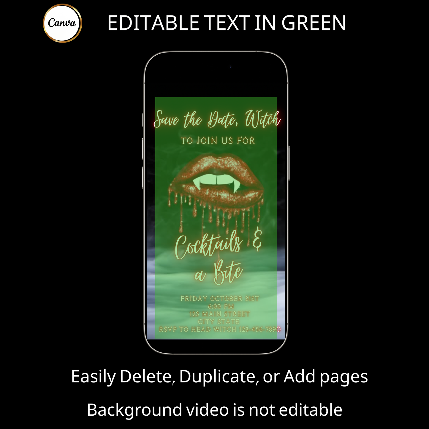 Halloween-Videoeinladung, animierte Einladung mit Vampirlippen, bearbeitbare mobile Halloween-Party-Einladung