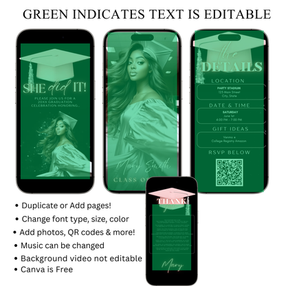 Graduation Party Video Invitation | Digital Graduation Invite for Her | Editable Online RSVP Evite Canva Template