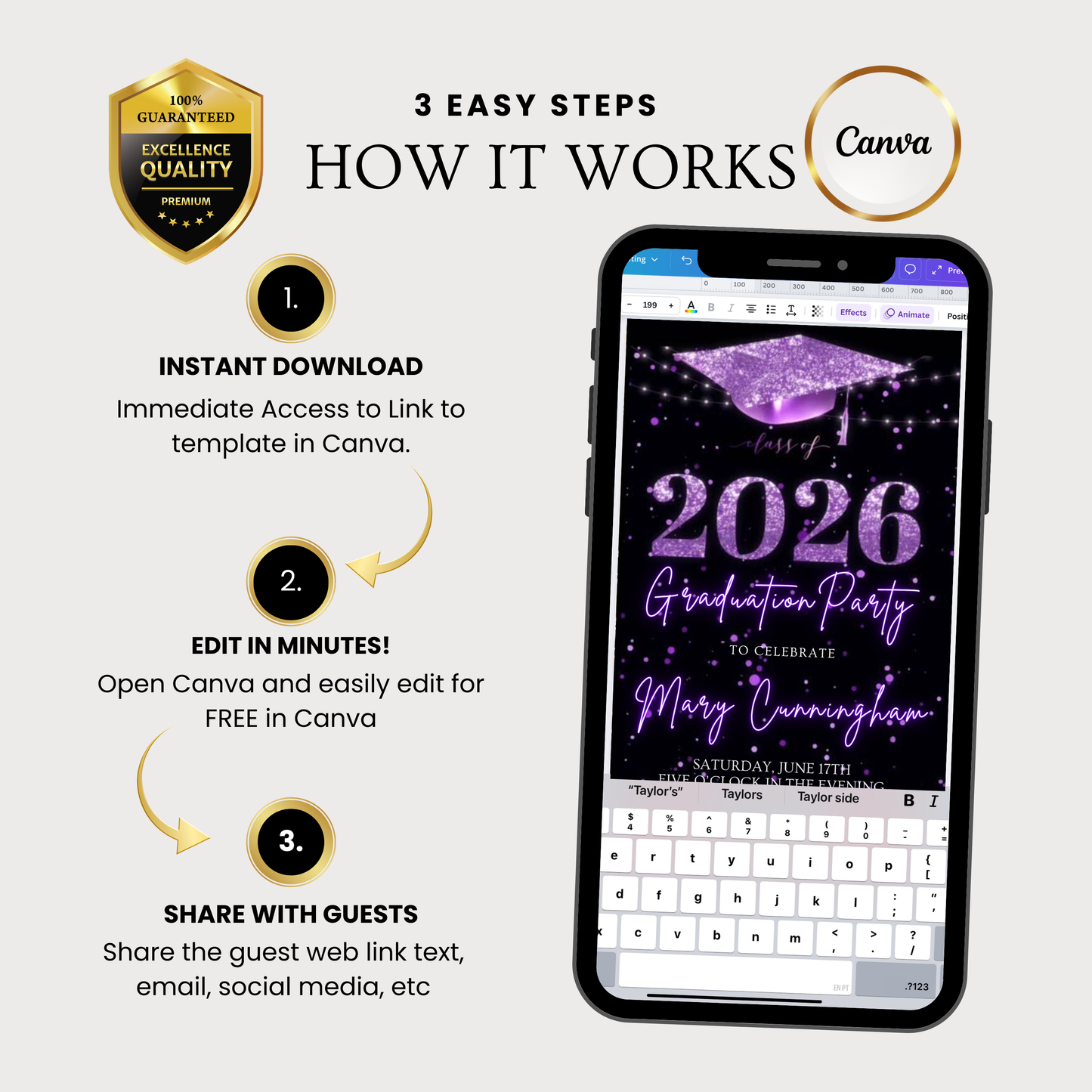 Purple Graduation Party Video Invitation | Class of 2026 Photo Invite | Editable Online RSVP Evite Canva Template