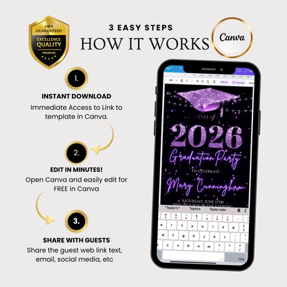 Purple Graduation Party Video Invitation | Class of 2026 Photo Invite | Editable Online RSVP Evite Canva Template