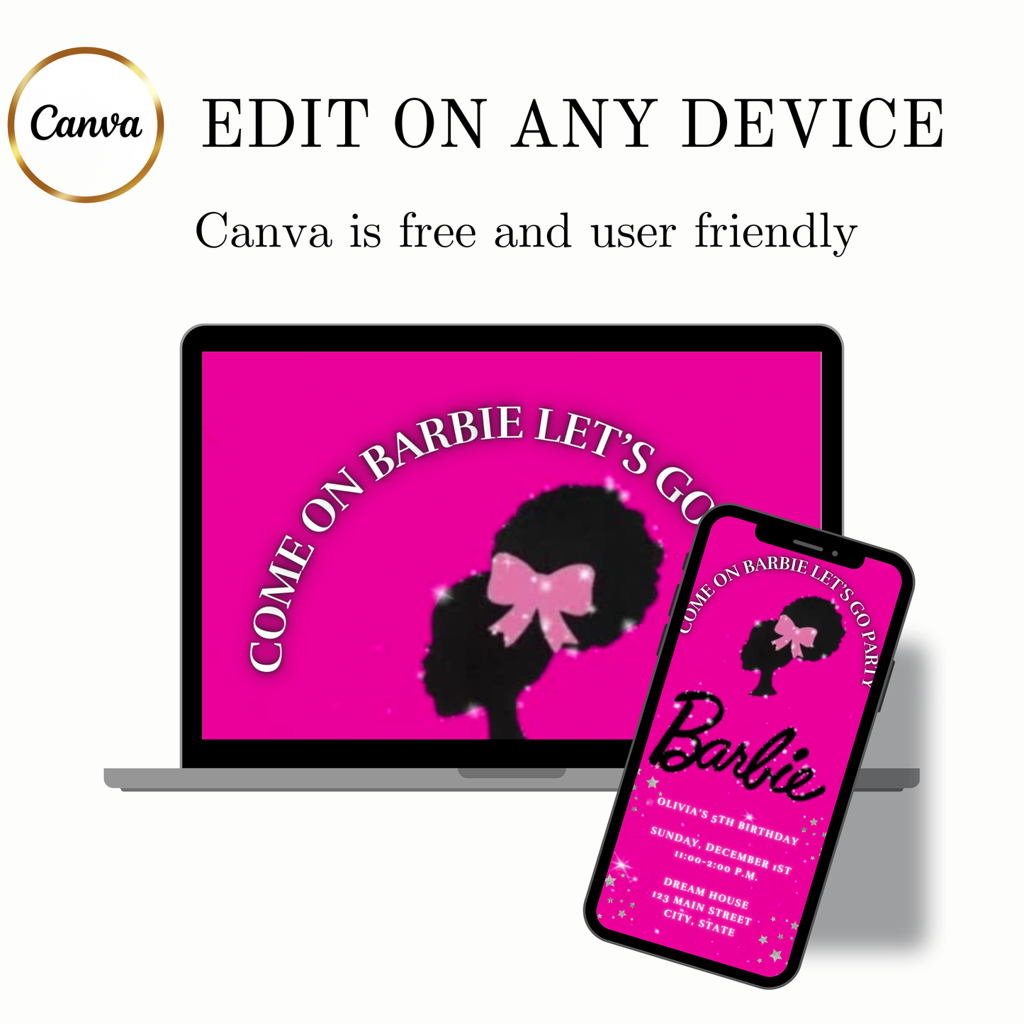 Editable Barbie Video Invitation | Animated Pink Barbie Digital Evite | Editable Canva Invite Template