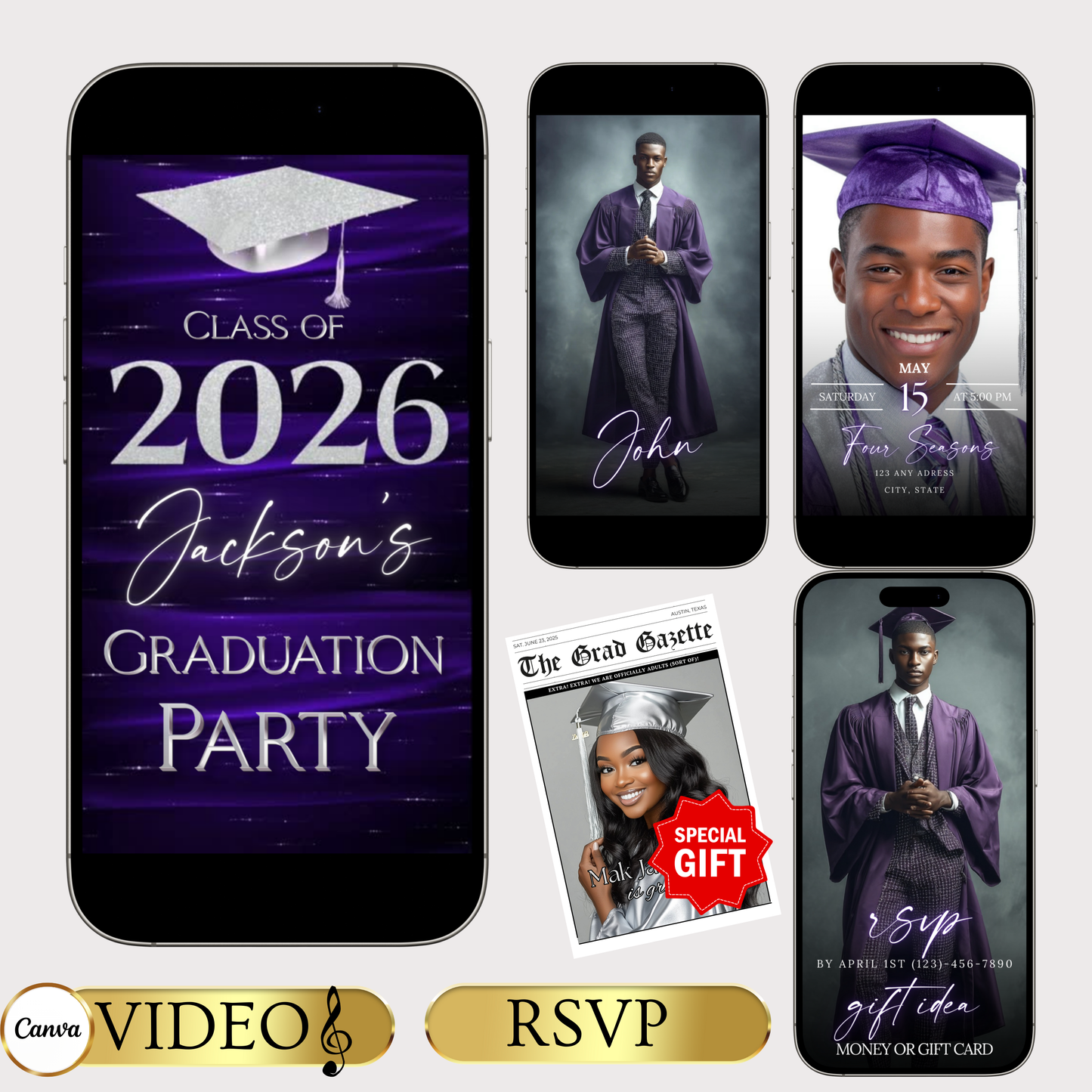 Graduation Party Video Invitation | Class of 2026 Purple and Silver Invite for Him | Editable Online RSVP Evite Canva Template