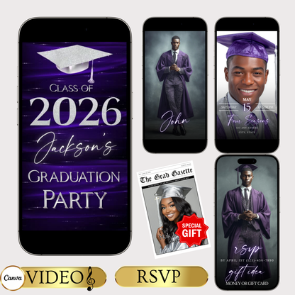 Graduation Party Video Invitation | Class of 2026 Purple and Silver Invite for Him | Editable Online RSVP Evite Canva Template
