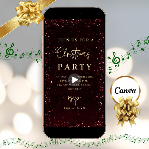Red Glitter Christmas Party Video Invitation – Editable Red and Gold Elegant Holiday Evite