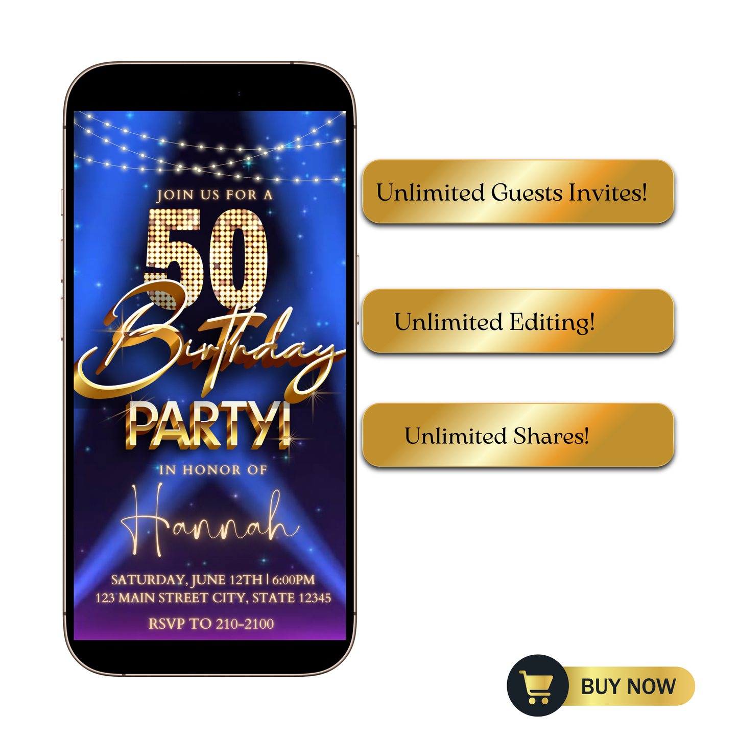 50th Birthday Party Video Invitation | Digital Hollywood Animated Invite | Editable Canva Evite Template
