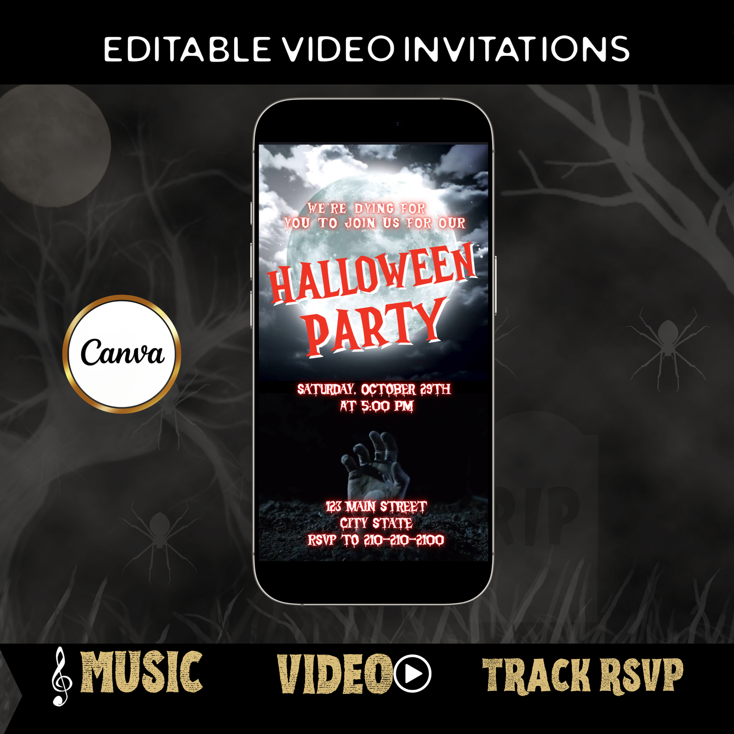 Halloween-Videoeinladung, animierte Einladung mit der Hand aus dem Grab, bearbeitbare mobile Einladung zur Halloween-Party