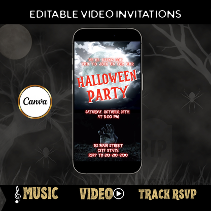 Halloween-Videoeinladung, animierte Einladung mit der Hand aus dem Grab, bearbeitbare mobile Einladung zur Halloween-Party
