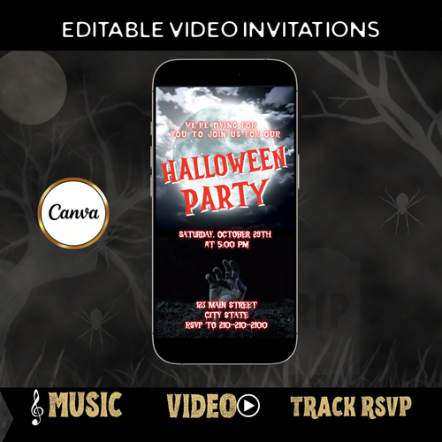 Halloween-Videoeinladung, animierte Einladung mit der Hand aus dem Grab, bearbeitbare mobile Einladung zur Halloween-Party