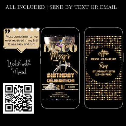 Editable Disco Video Invitation Template | Mobile Animated Invite 50th Birthday | Canva Video Evite Download
