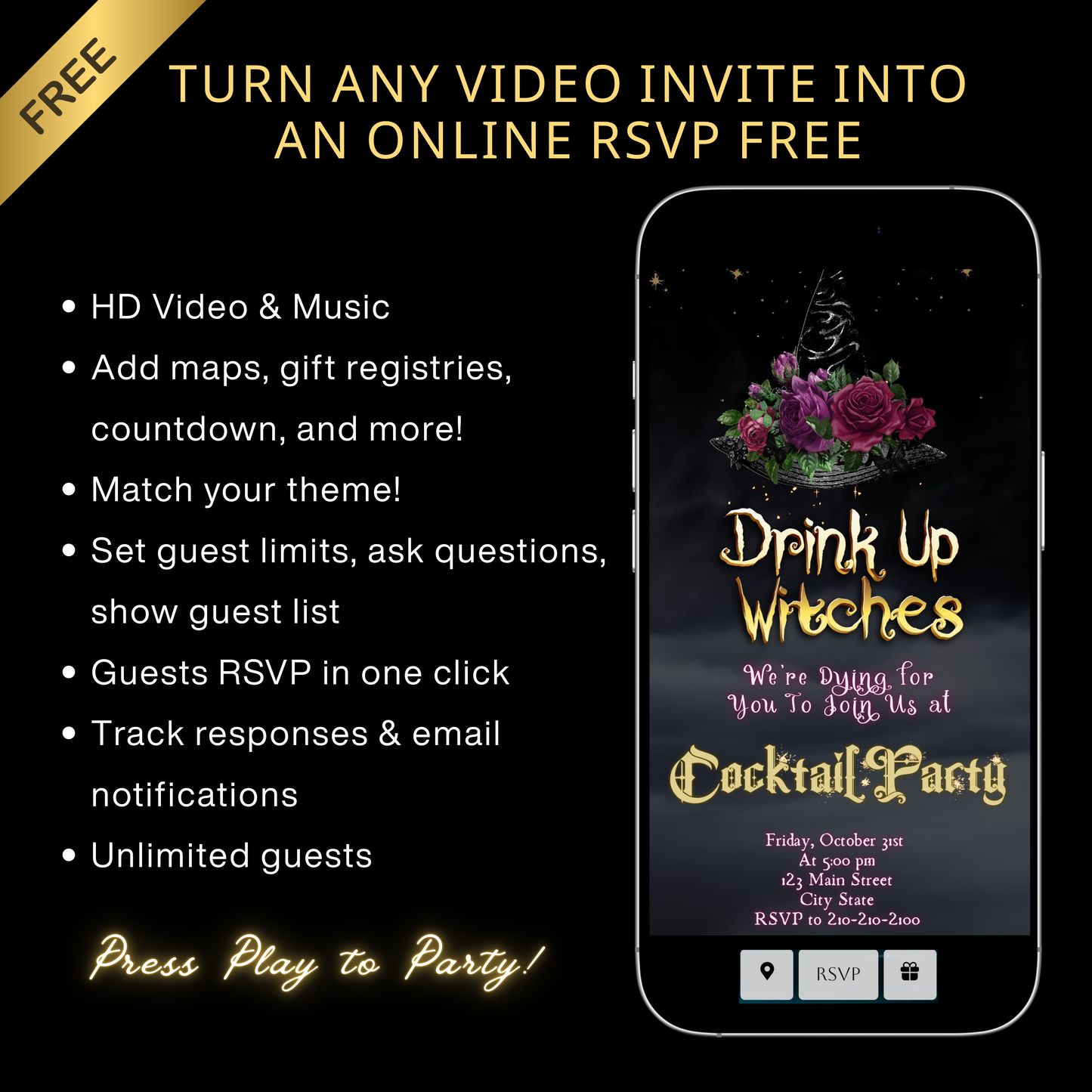 Halloween-Videoeinladung, animierte Einladung „Hexen trinken“, bearbeitbare mobile Einladung zur Halloween-Party