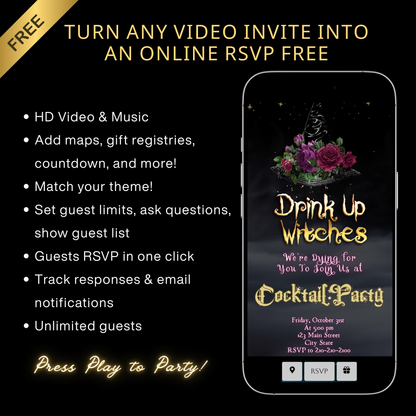Halloween-Videoeinladung, animierte Einladung „Hexen trinken“, bearbeitbare mobile Einladung zur Halloween-Party