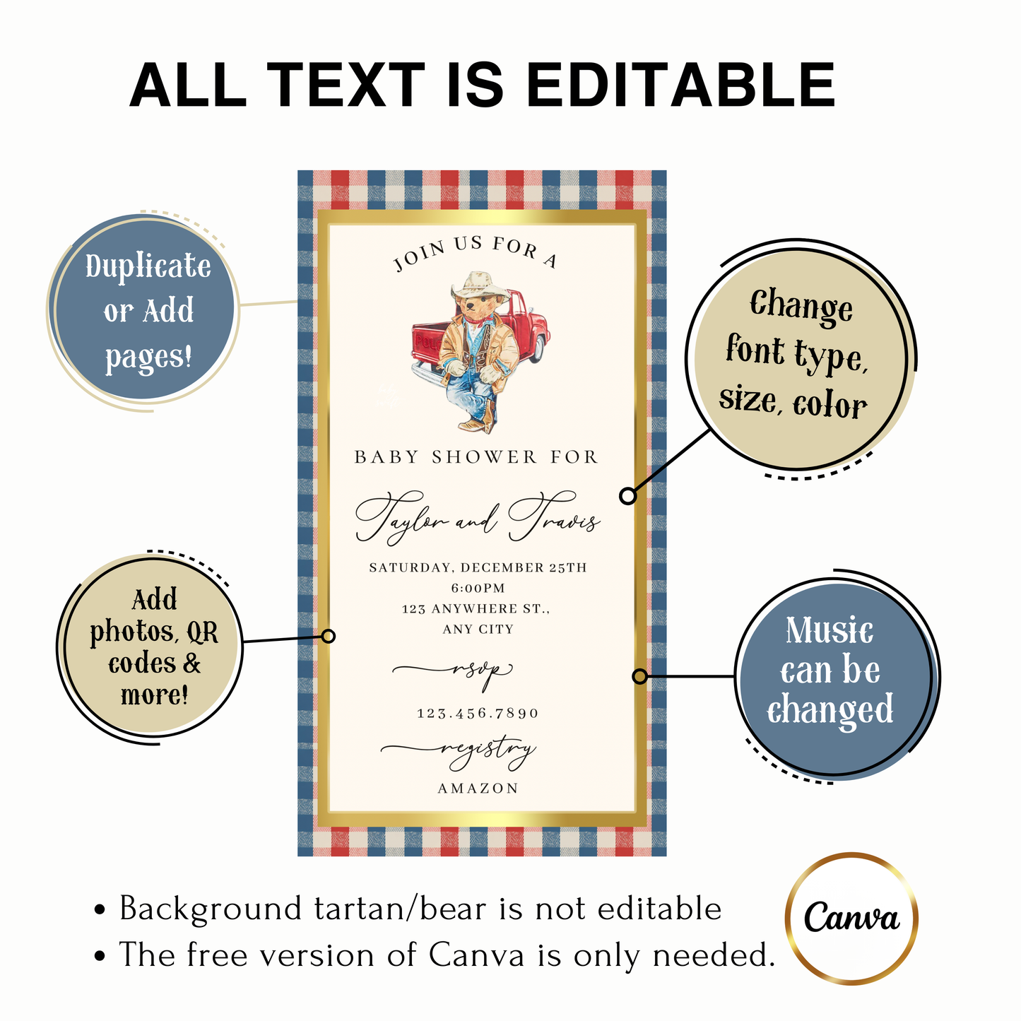 Western Polo Bear Baby Shower Video Invitation | Digital Preppy Plaid Invite | Editable Canva Template