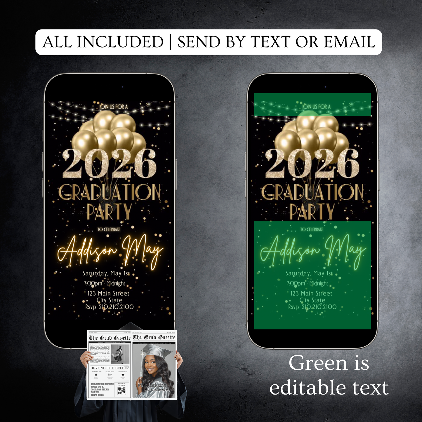 Graduation Party Video Invitation | Black and Gold Graduation RSVP Invite | Editable Online RSVP Evite Canva Template