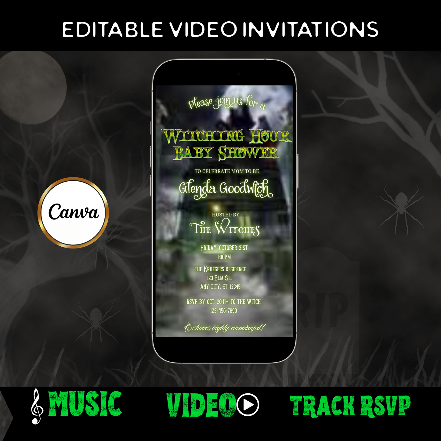 Halloween-Videoeinladung, animierte Einladung zur Babyparty, bearbeitbare mobile Einladung zur Halloween-Party