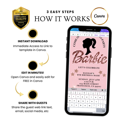 Bearbeitbare Barbie-Videoeinladung | Animierte digitale Einladung mit pinkfarbener Barbie | Bearbeitbare Canva-Einladungsvorlage