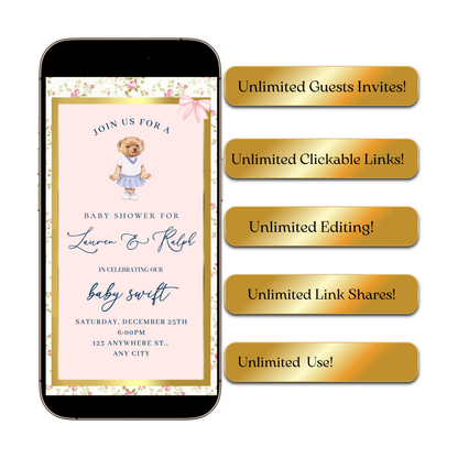 Pink Polo Bear Video Invitation | Digital Preppy Pink Spring RSVP Tracker Invite | Editable Canva Template