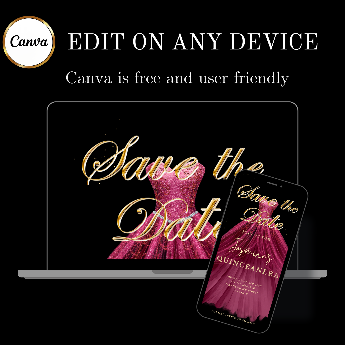 Maroon Quinceanera Video Invite | Sweet 15 16 Quince RSVP Tracker | Editable Canva Evite Template