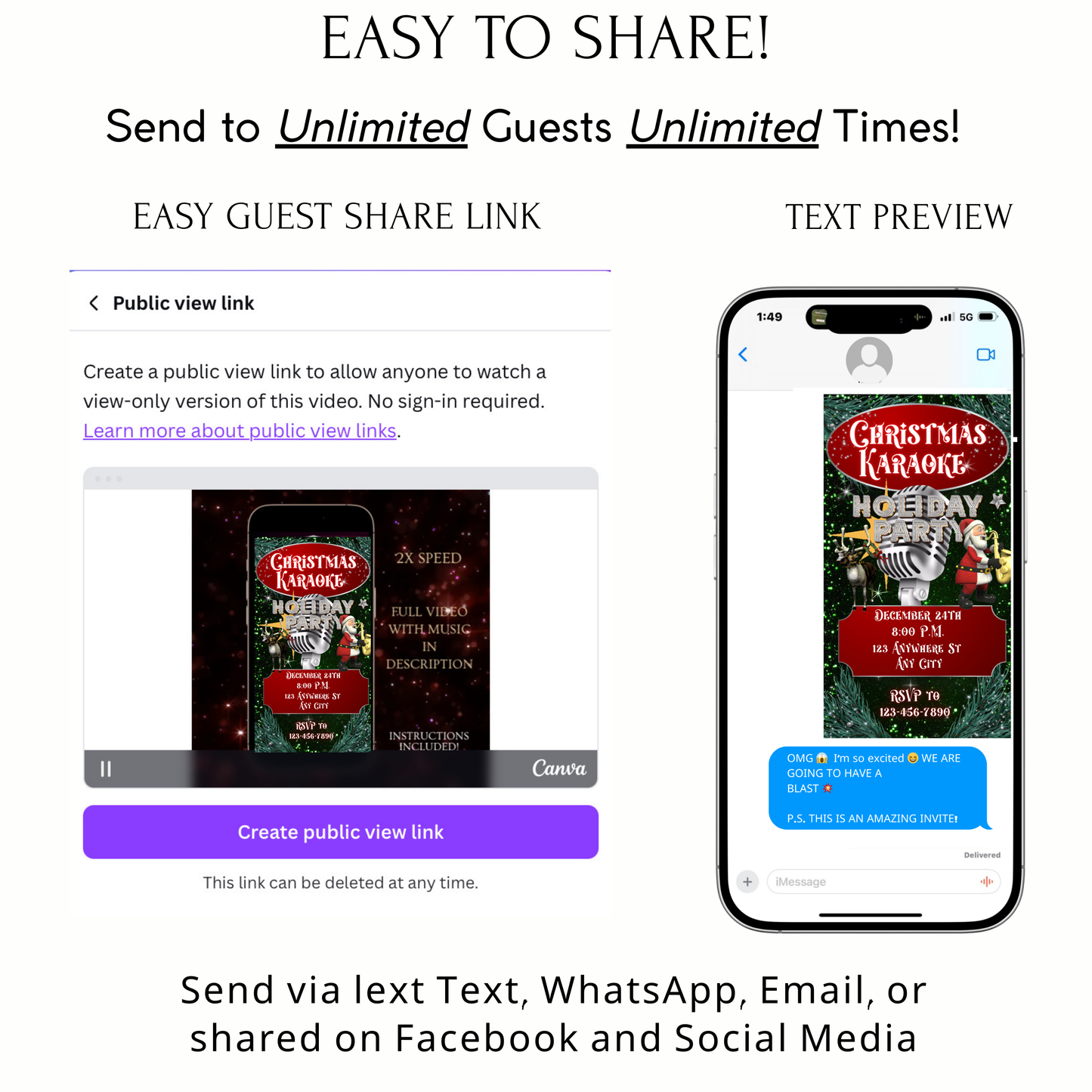Christmas Karaoke Party Video Invitation | Animated Holiday Party Digital Evite | Editable Canva Invite Template